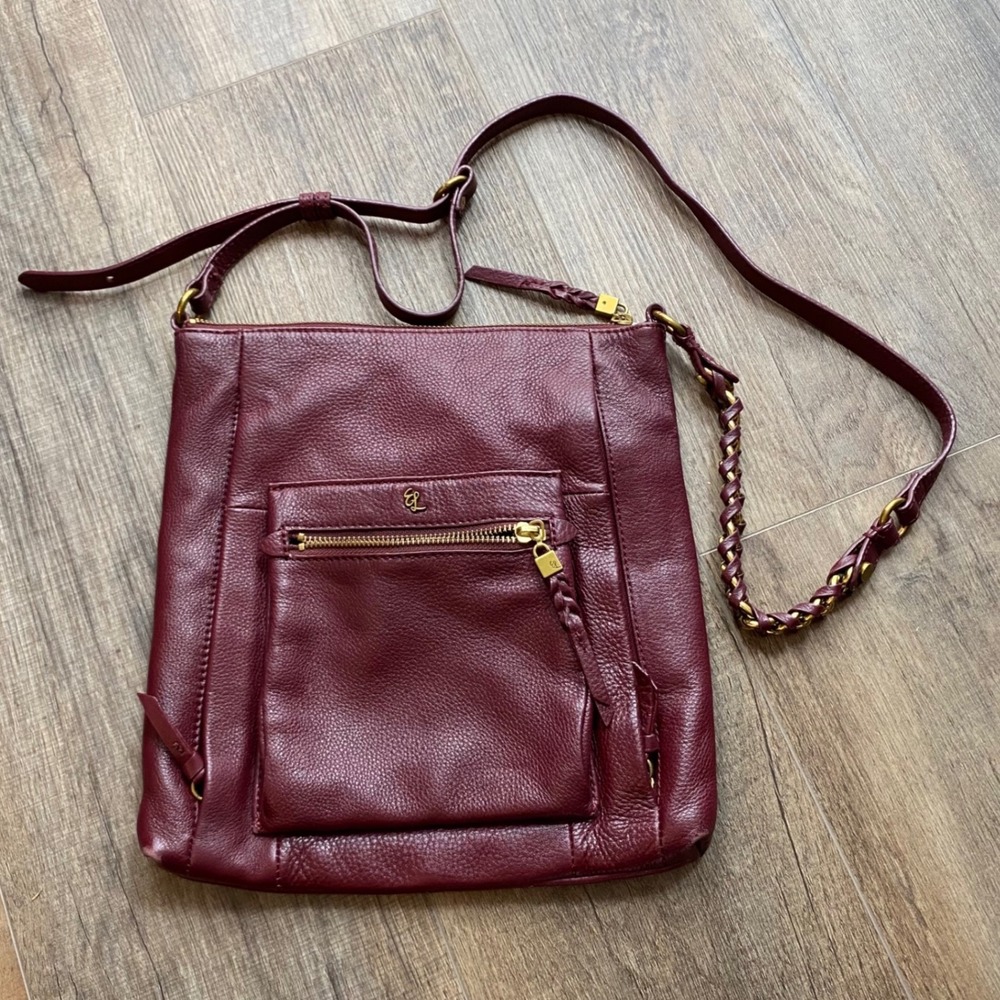 Elliott Lucca Gwen Burgundy Pebbled Leather Square Crossbody Bag Gold Hardware